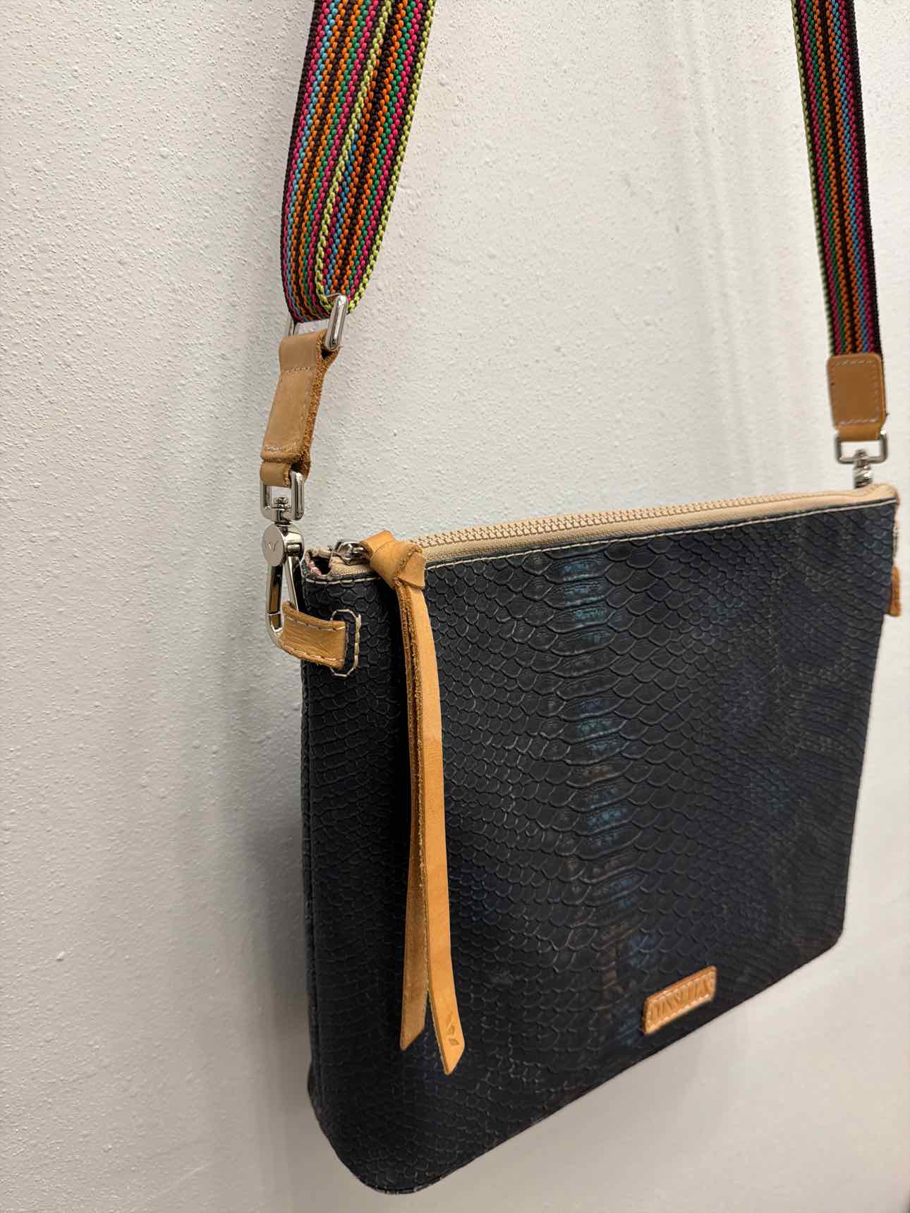 Consuela Rattler Downtown Crossbody Snakeskin Ebossed Leather Black Handbags
