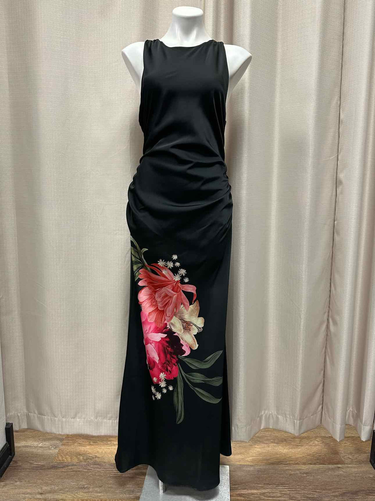 BHLDN NEW NWT Crisscross Ruched Floor Length Floral Size 10 Black Dress
