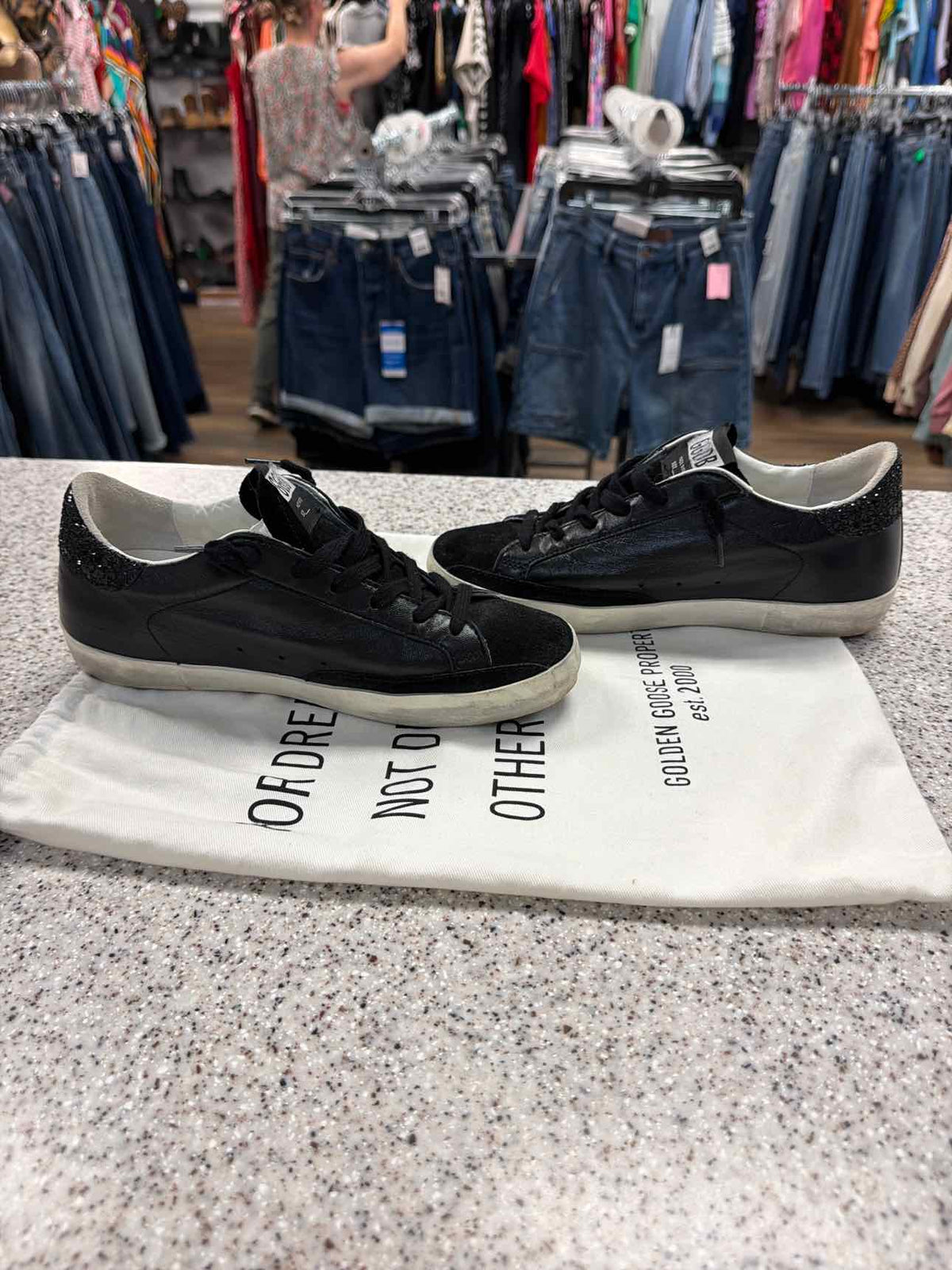 Golden Goose Size 37 Black Super-Star Nappa Leather Sneakers Glitter Shoes