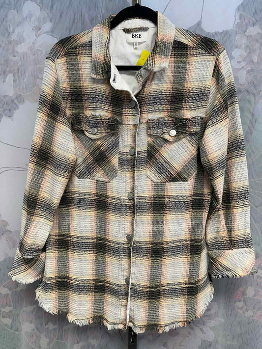 BKE Medium Tweed Plaid Print Button Down Grey/Yellow Shirt Jacket