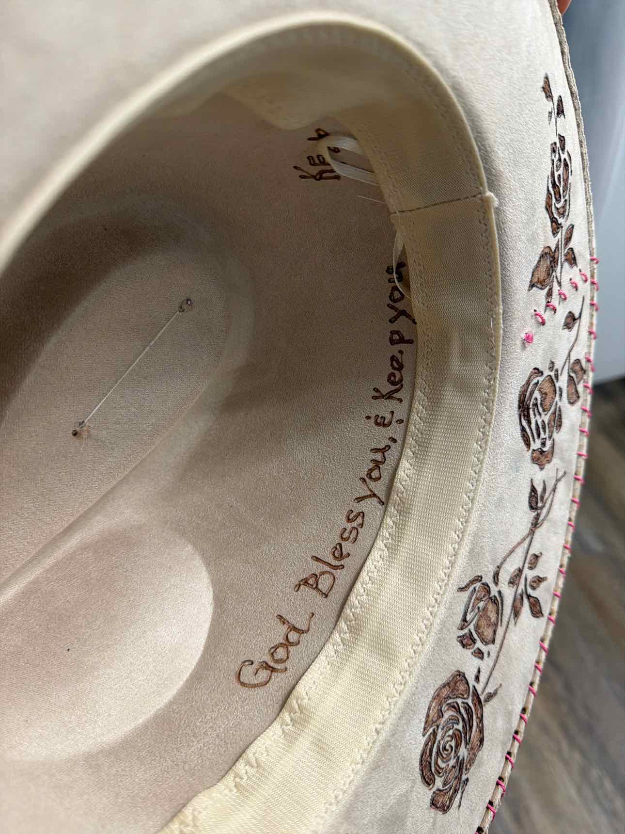 Custom handmade burned cowgirl cowboy hat with rose burnished patch and ribbon