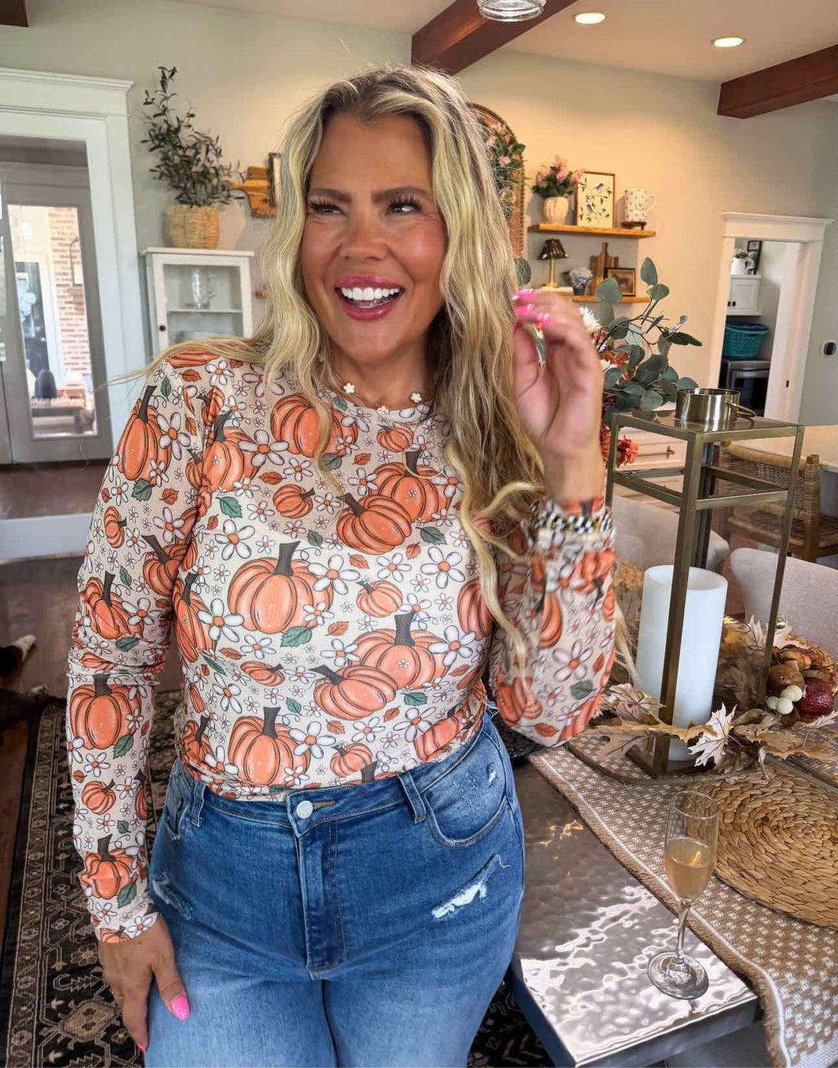 Harvest Bloom Pumpkin Fall Long Sleeve Mesh Top