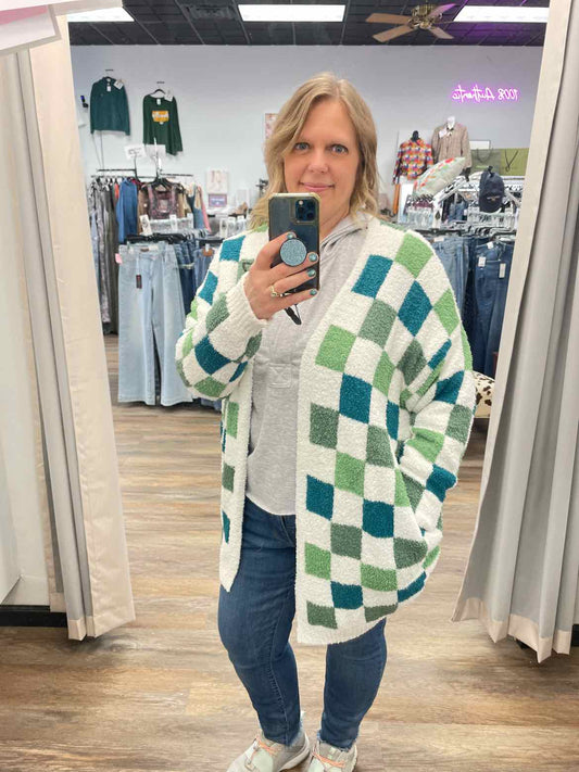 Checker Cloud Soft Green & White Cardigan