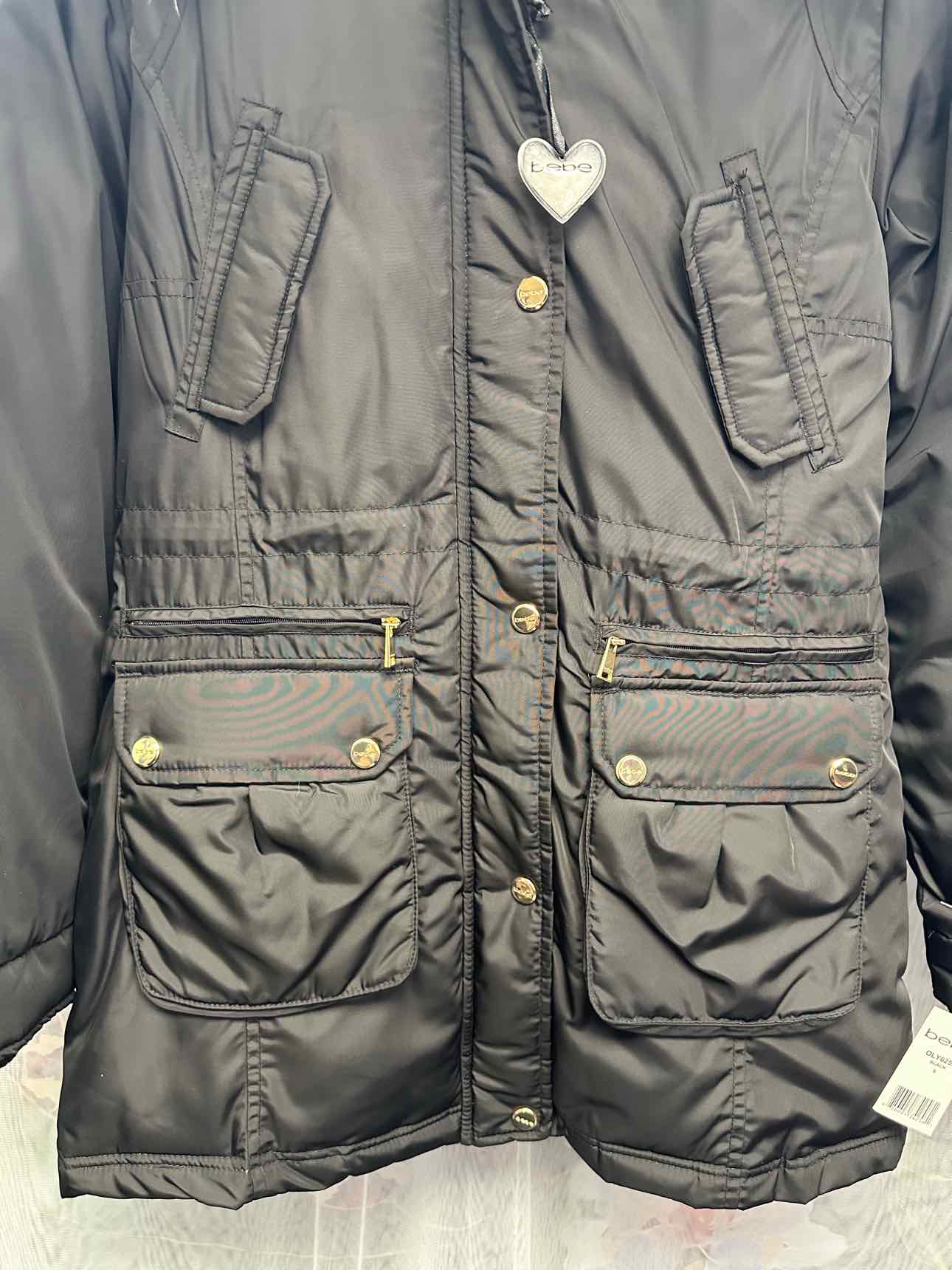 bebe NEW NWT Faux Fur Lined Multipocket Parka Small Black Zip Up Puffer Coat
