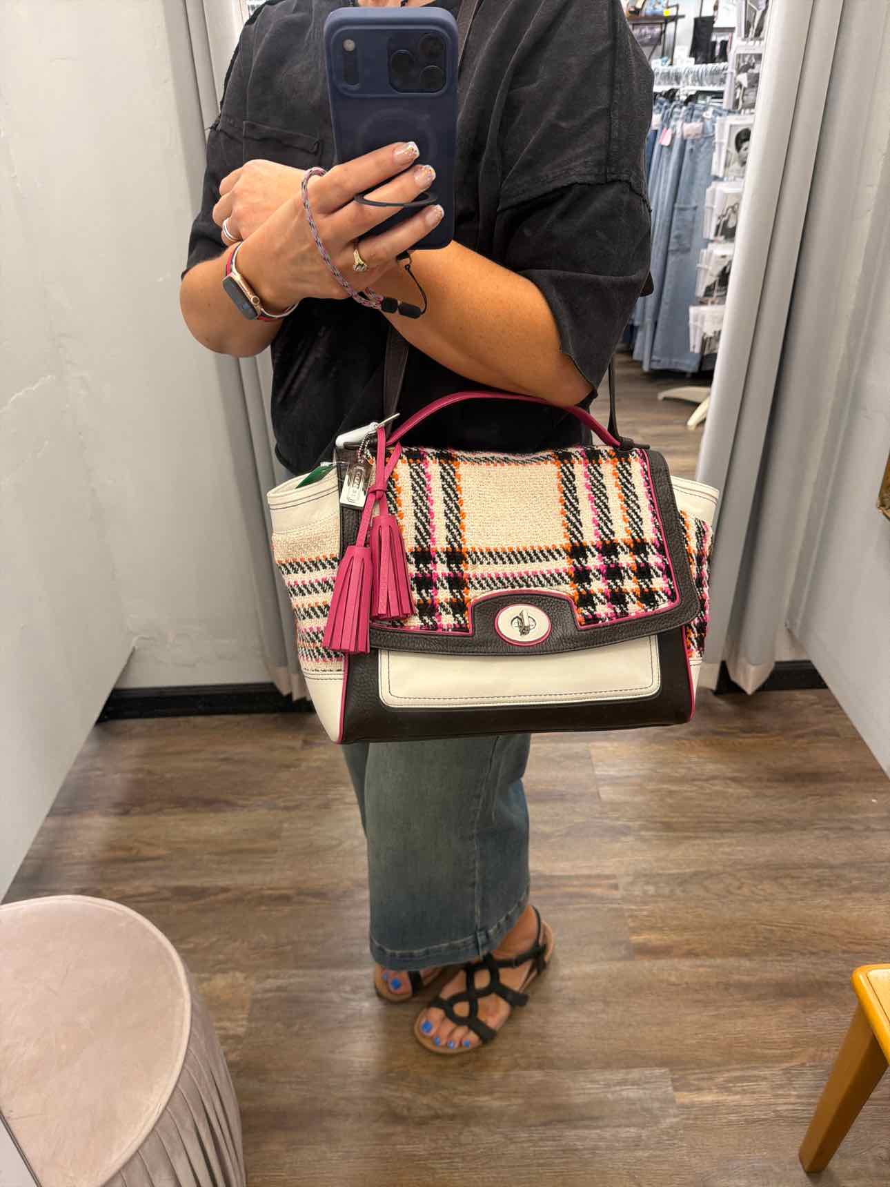 Coach Legacy Multicolor Tweed Duffle tweed plaid leather turnlock Pink Handbags