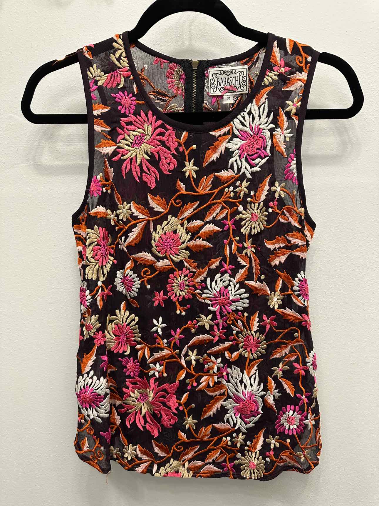 Baraschi Semi Sheer Floral Embroidered Tank Size Small Pink/Orange Top