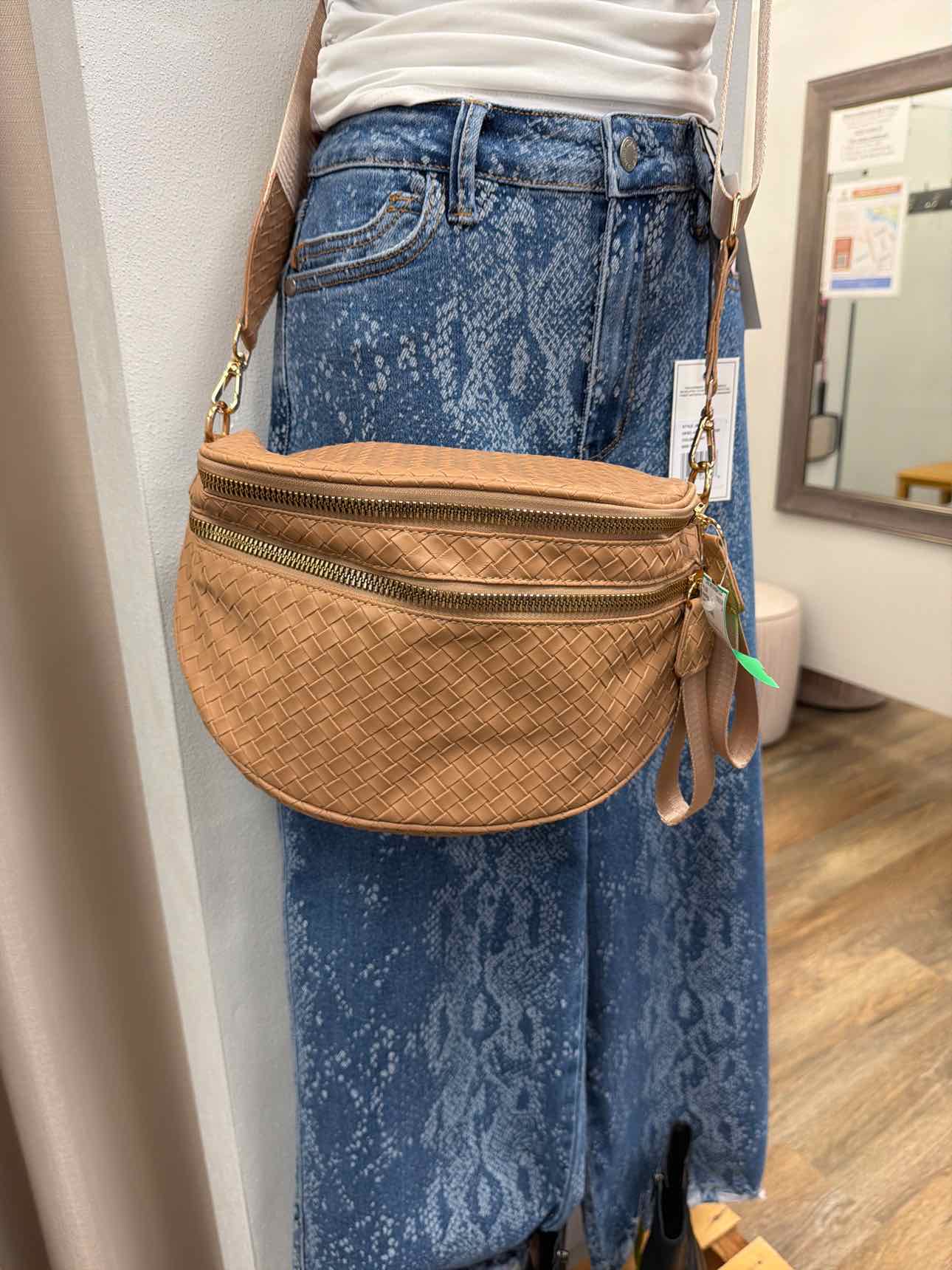 NEW woven faux leather multipocket waist bag crossbody Tan Handbags