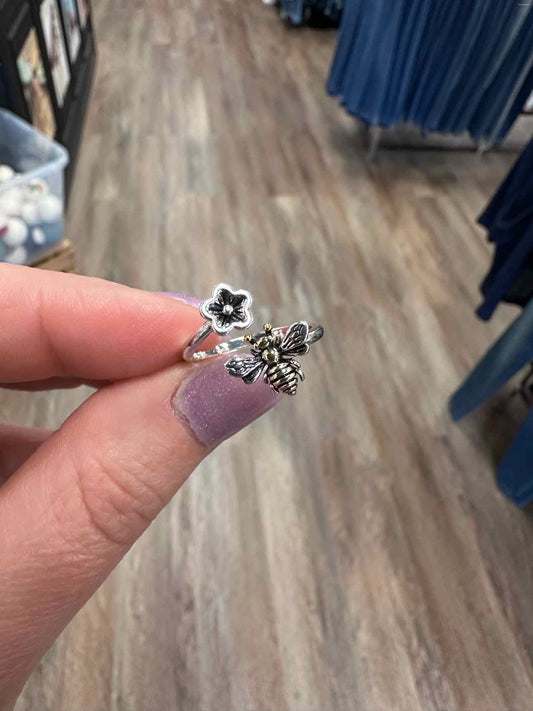 Bee and Flower Adjustable Silver-Tone Ring
