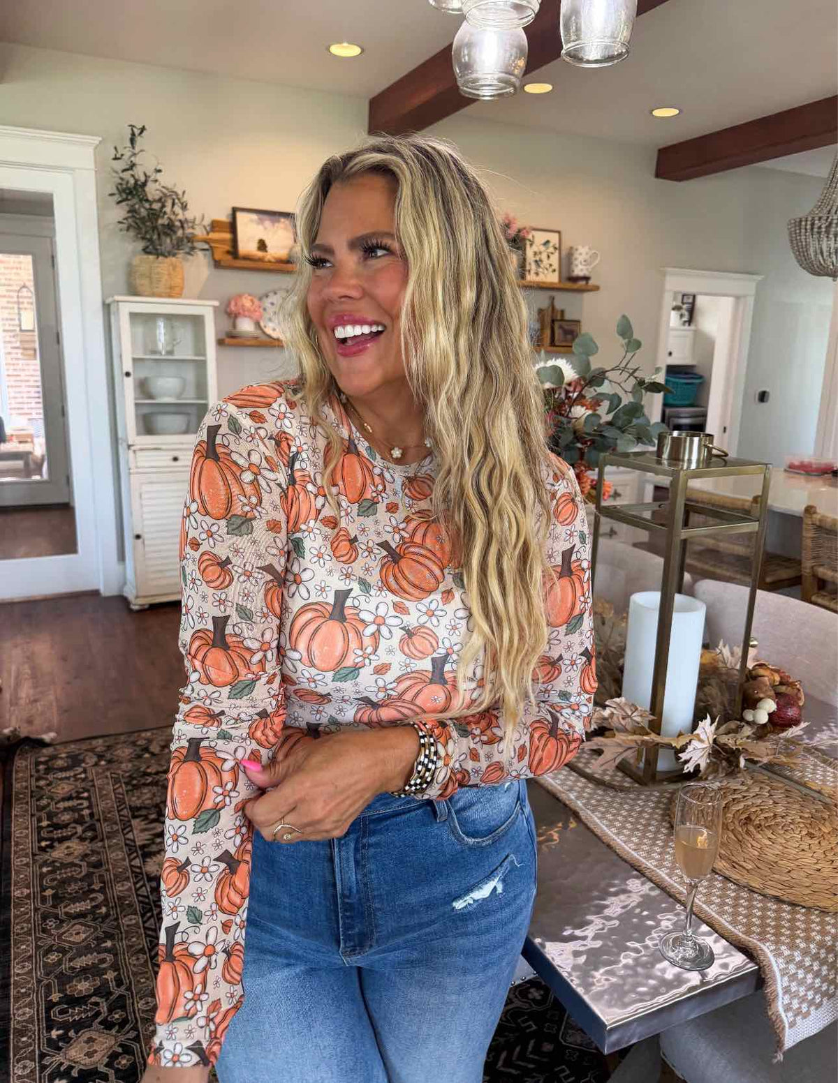 Harvest Bloom Pumpkin Fall Long Sleeve Mesh Top