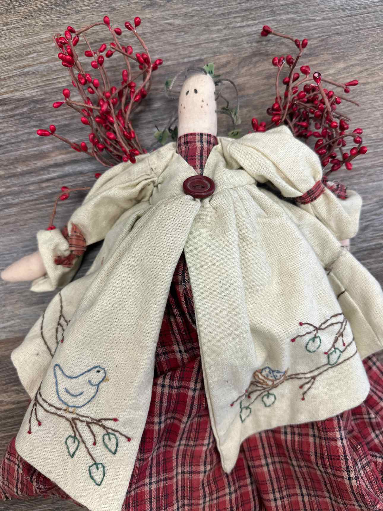 Primitive Folk Art Cloth Ange 22"  Red Brown Tenderheart Treasures Home Decor