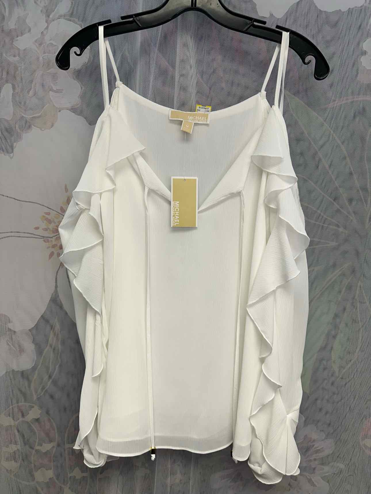 Michael Michael Kors NEW NWT Cold Shoulder Ruffle Decor Medium White Top