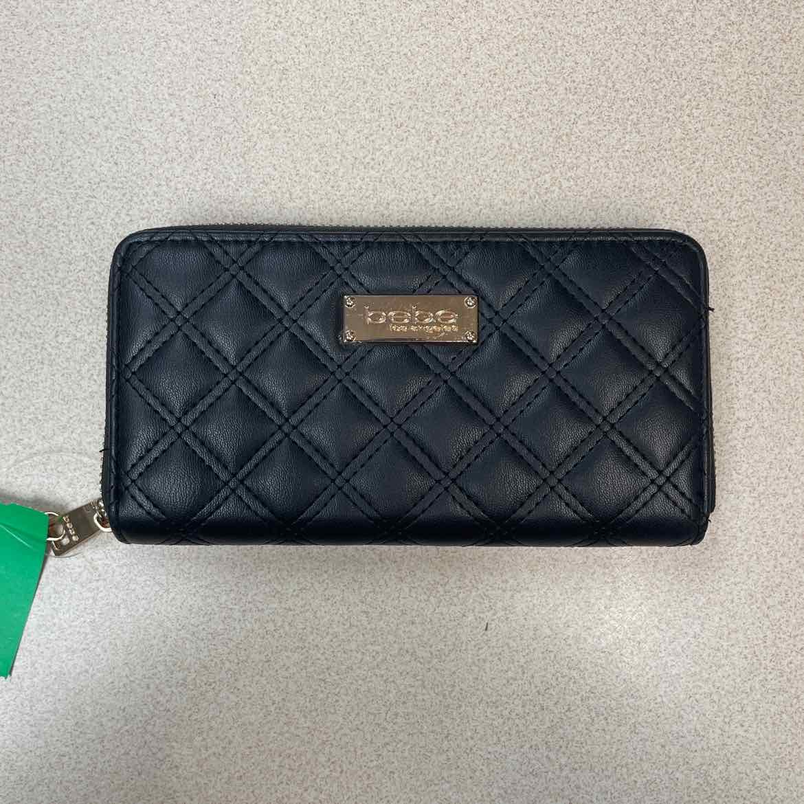 bebe Black Quilted Faux-Leather Zip-Around Wallet Gold Tone