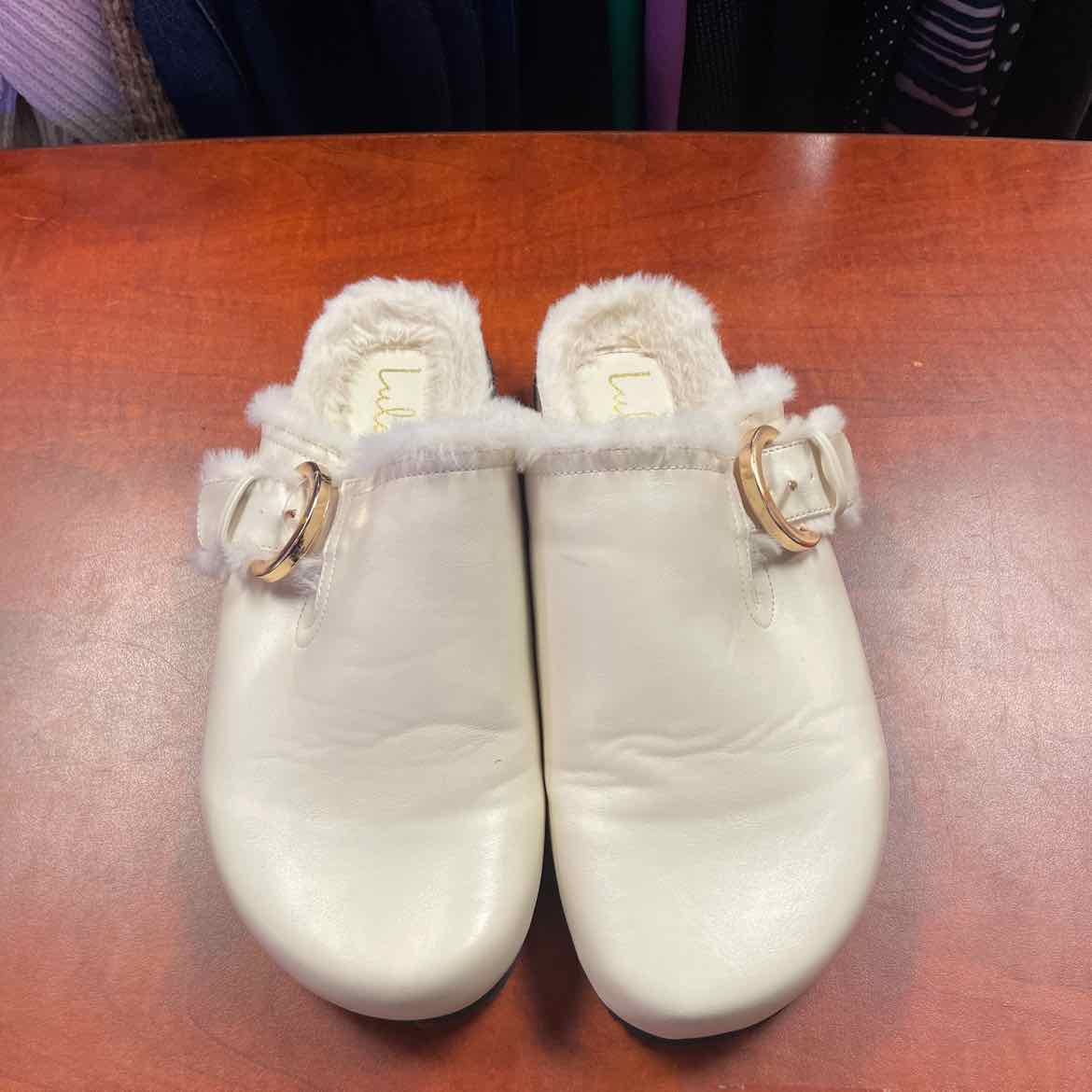 Lulu's Carrina Bone Faux Fur Buckle Mule Slides Size 8