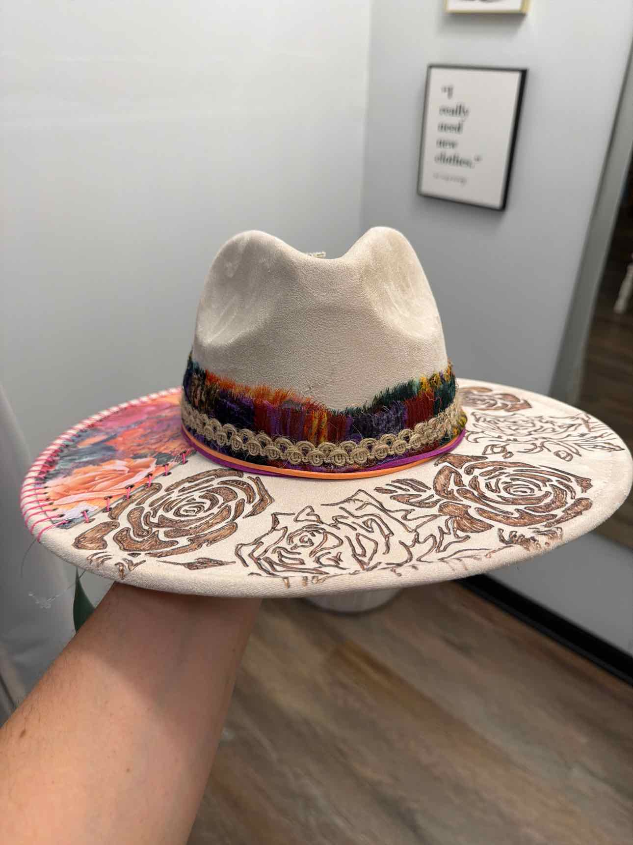 Custom handmade burned cowgirl cowboy hat with rose burnished patch and ribbon
