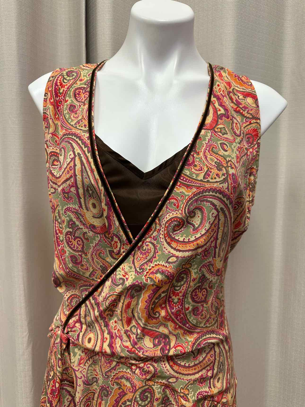Karen Millen 100% Silk Paisley Print Surplice Layered Shift 10 Tan/Pink Dress