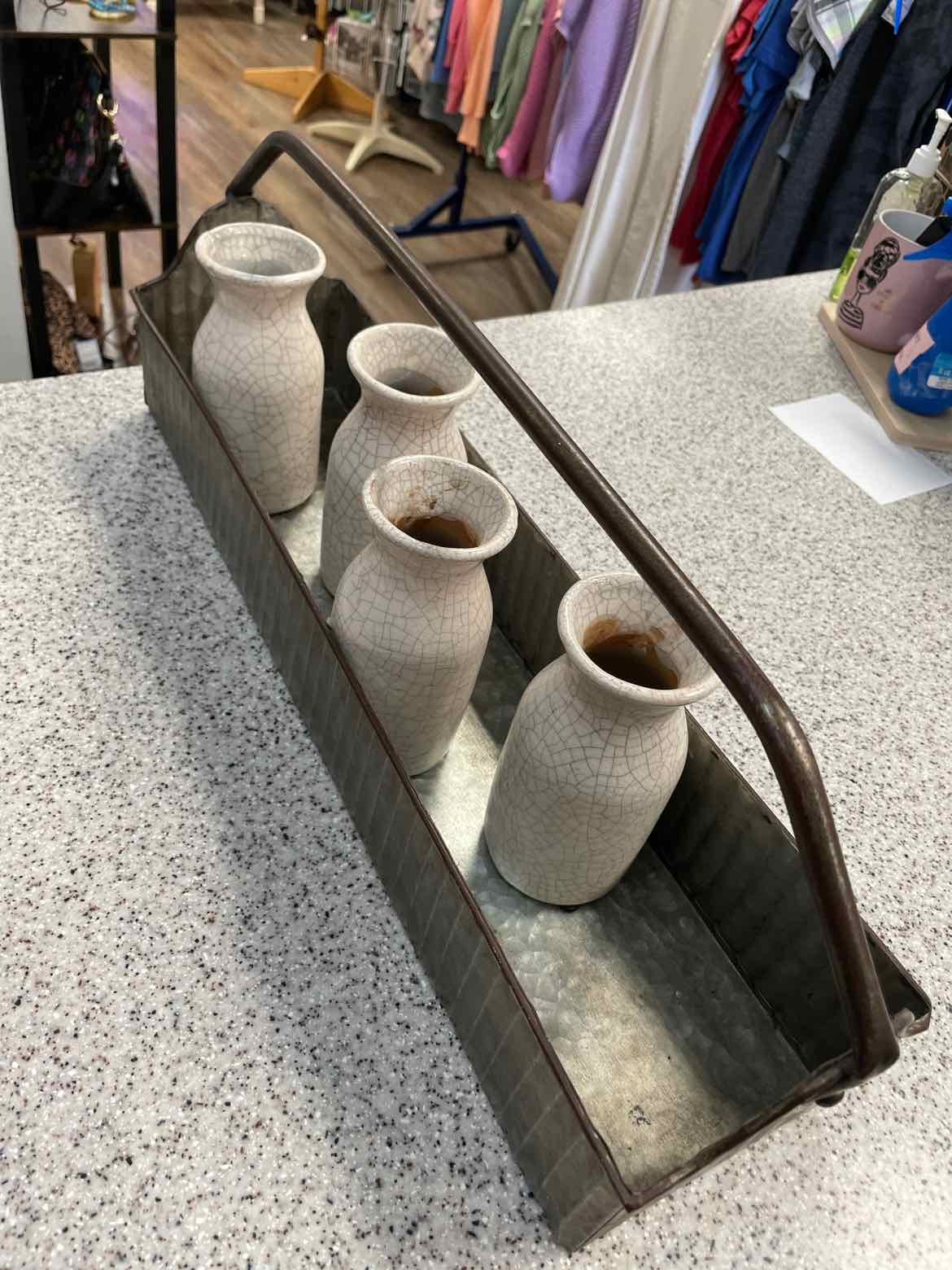 Rustic Metal Tote with 4 Crackle Bud Milk Jug Ceramic Bottles Home Decor