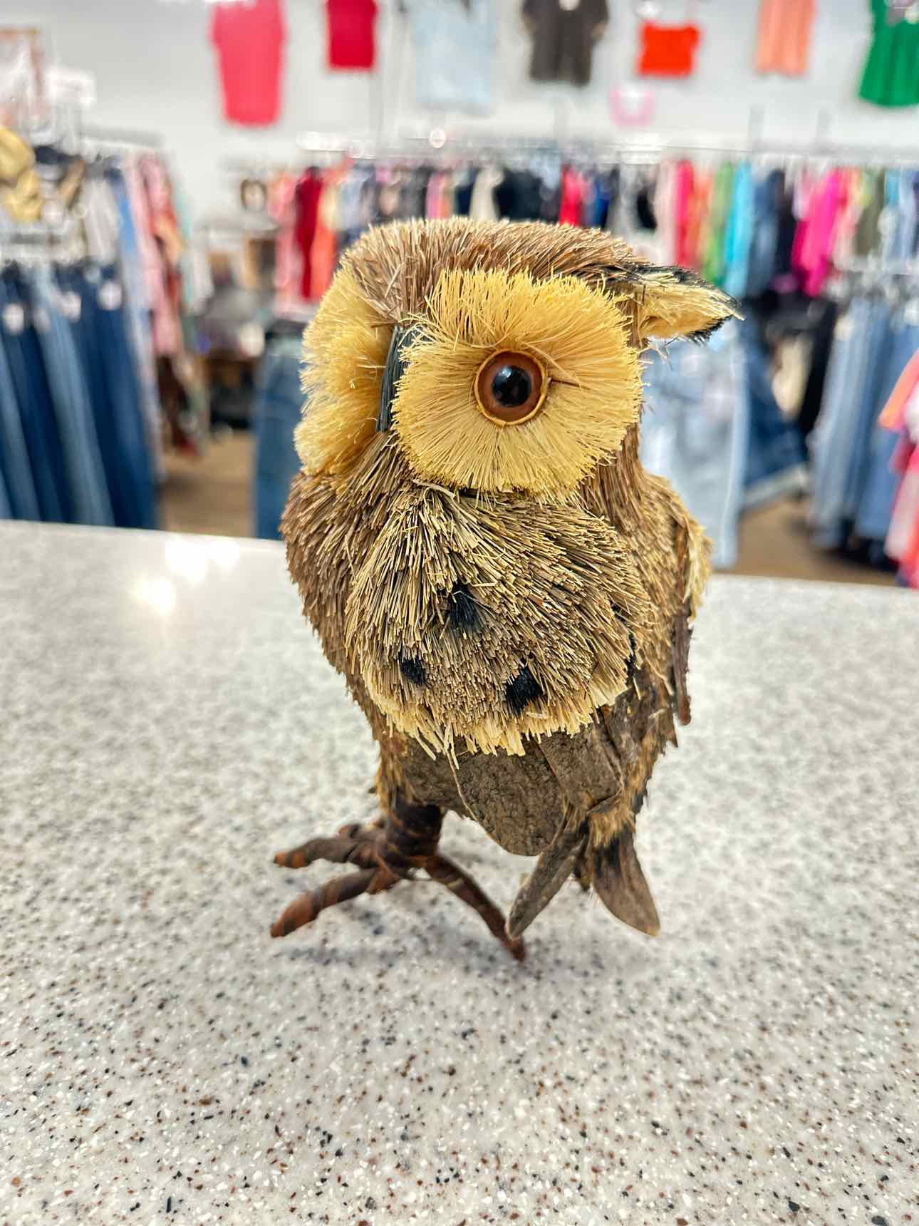 Rustic Owl Figure, made of natural Raffia, Straw, and Wood Home Decor