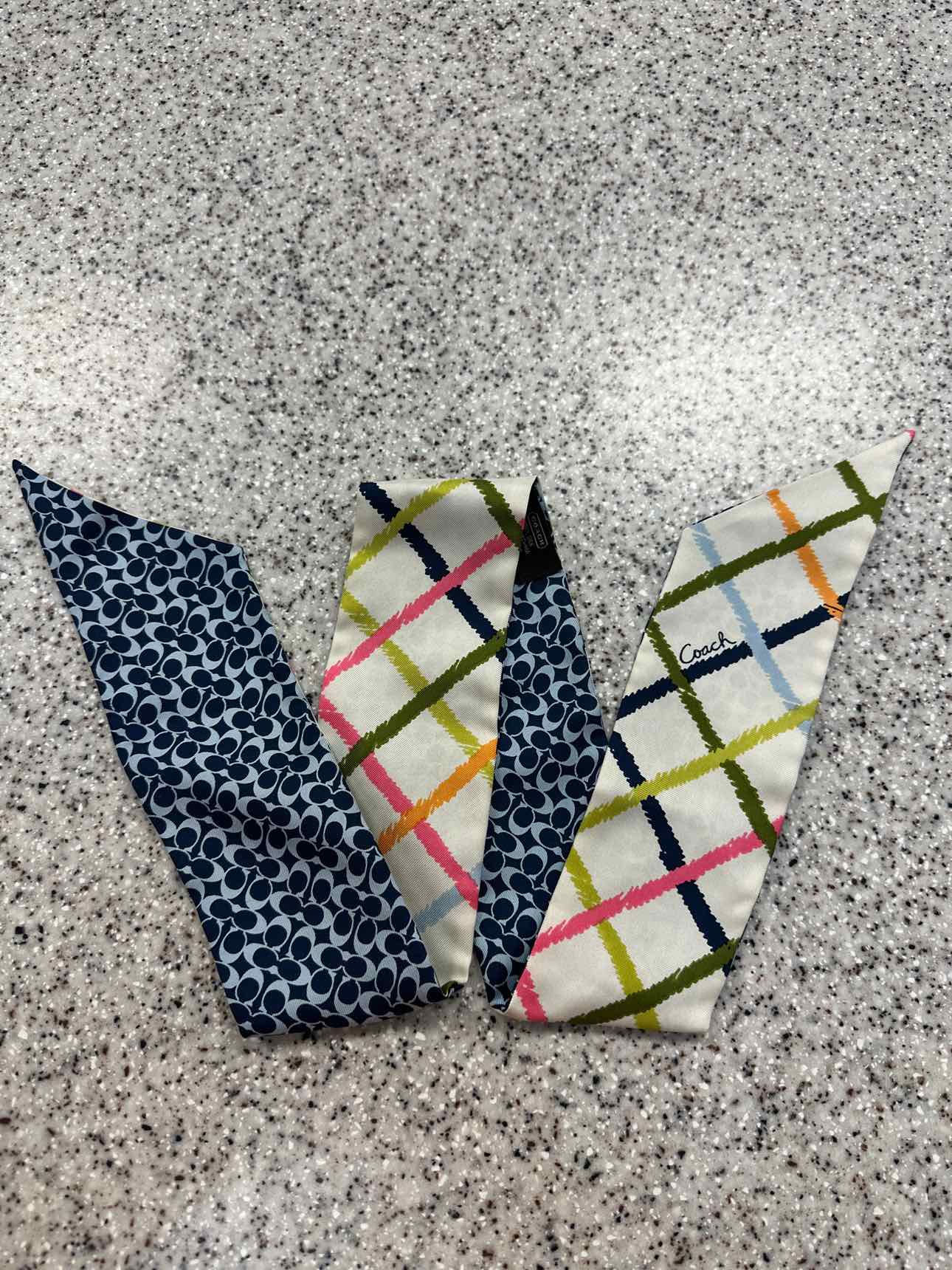 Coach Skinny Tattersall Twilly Plaid and Monogram Scarf