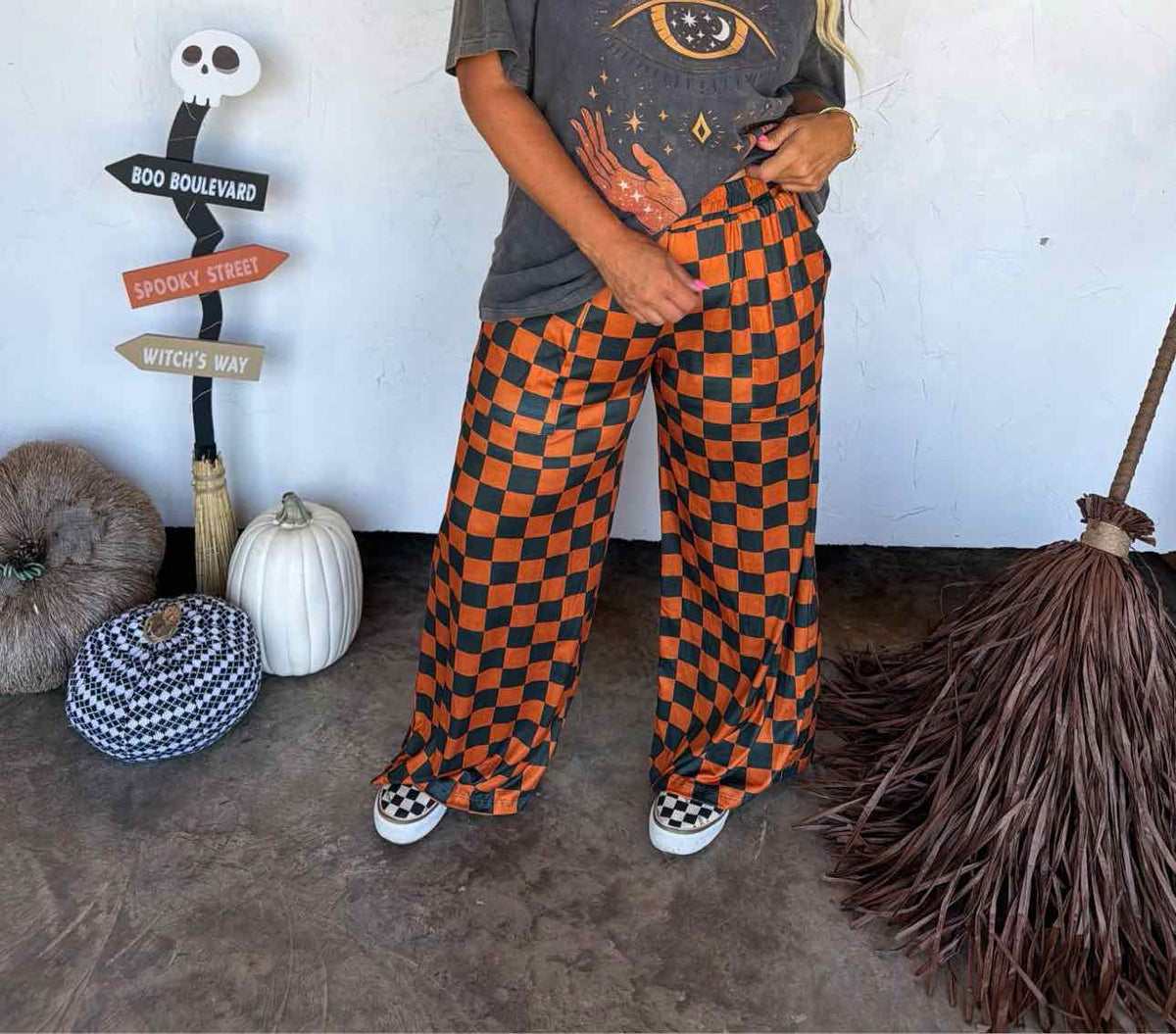 Falloween Orange and Black Check Hadie Lounge Fall Pants
