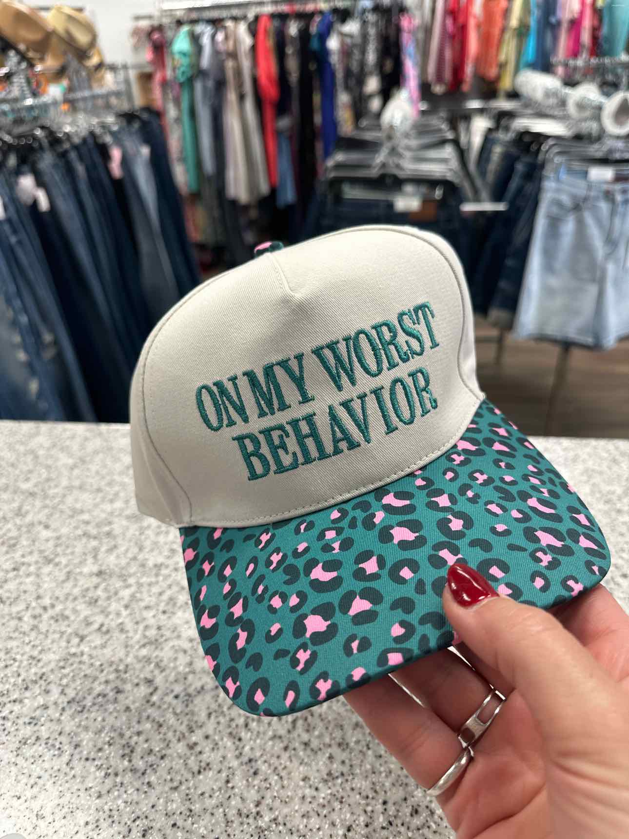 NEW "On My Worst Behavior" baseball cap Leopard Print Teal Pink Hat