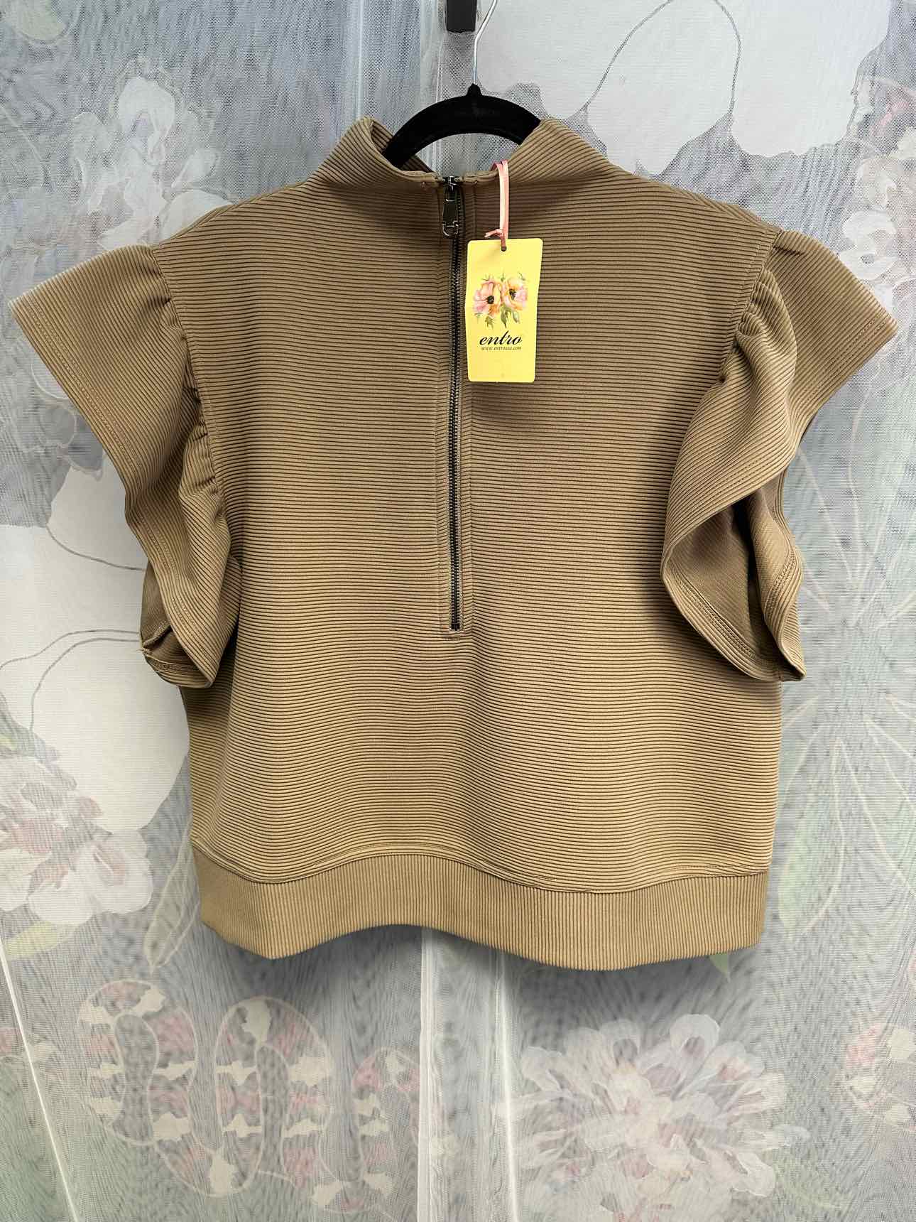 entro NEW NWT Ribbed Zip Up Mock Neck Ruffle Short Sleeve Size Large Brown Top