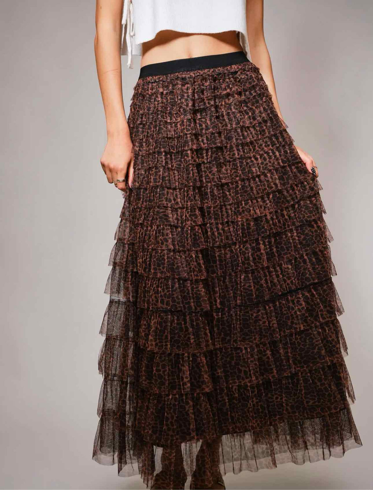 Leopard Ruffle Tiered A-Line Maxi Skirt