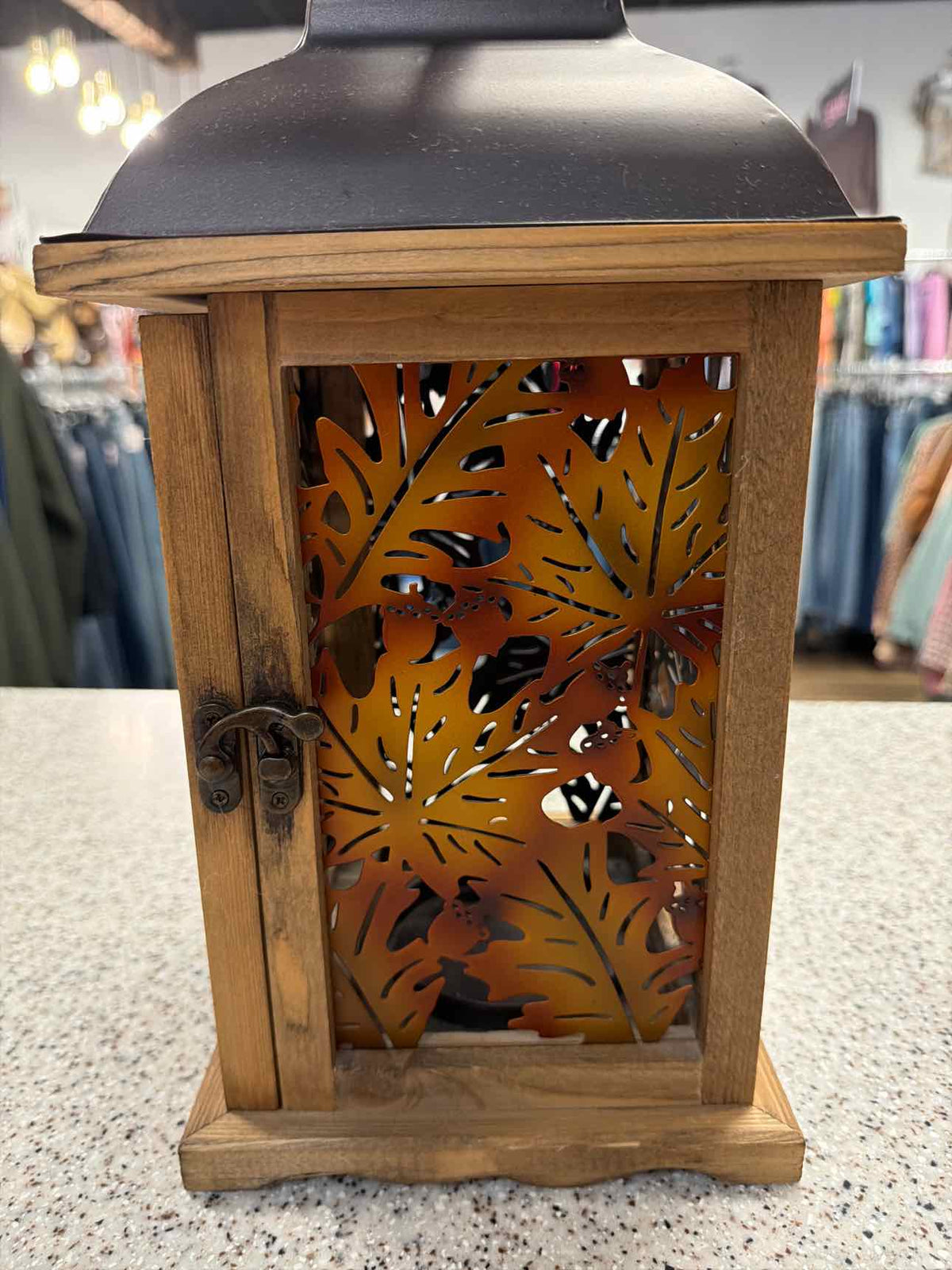 Acorns and Fall Leaves Metal and Wood Lantern Candle Holder Household