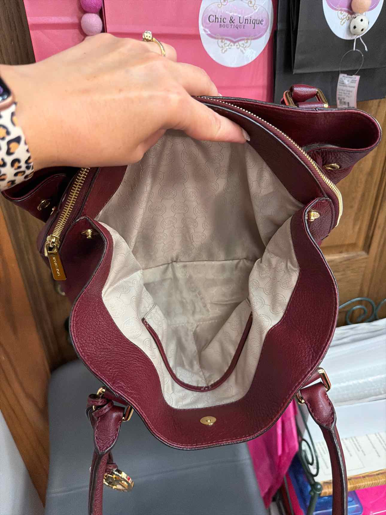 MICHAEL KORS Bedford Pebble Leather Satchel Maroon Handbags