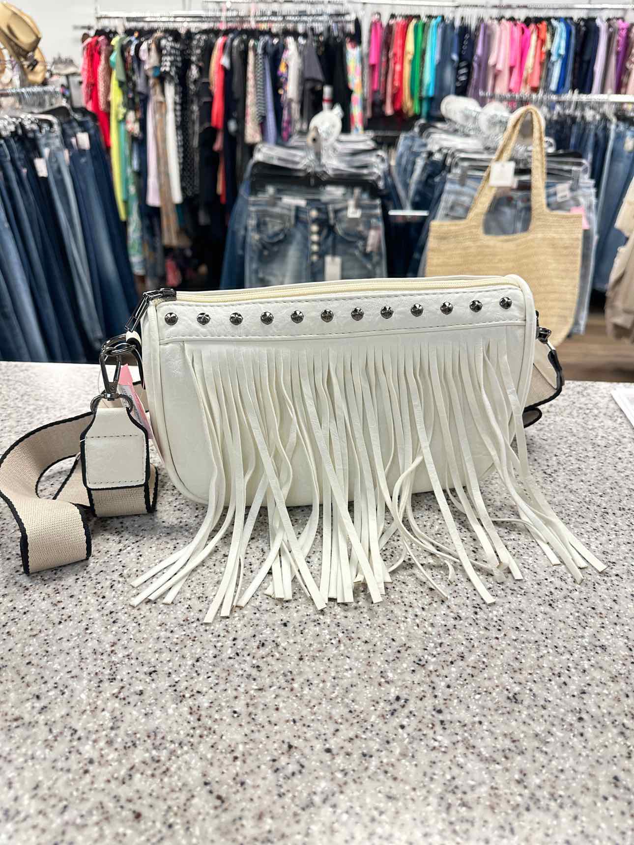 Vegan Leather Fringe Cross Body Bag With Canvas Strap Stud Details Handbags