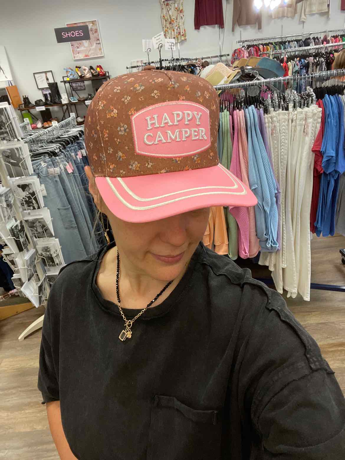 Happy Camper Embroidered Stitching Floral or Dotted Print Trucker Hat
