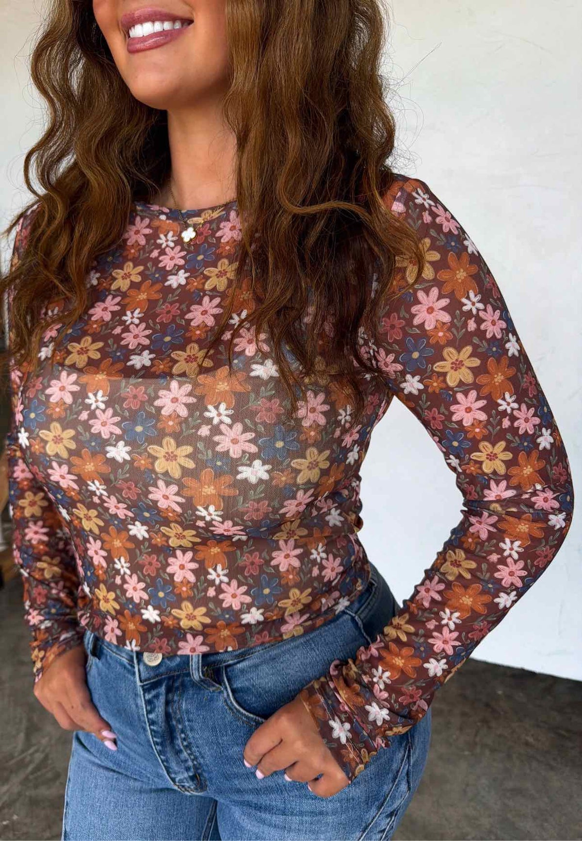 Fall Flower Dress It Up Mesh Long Sleeve Top