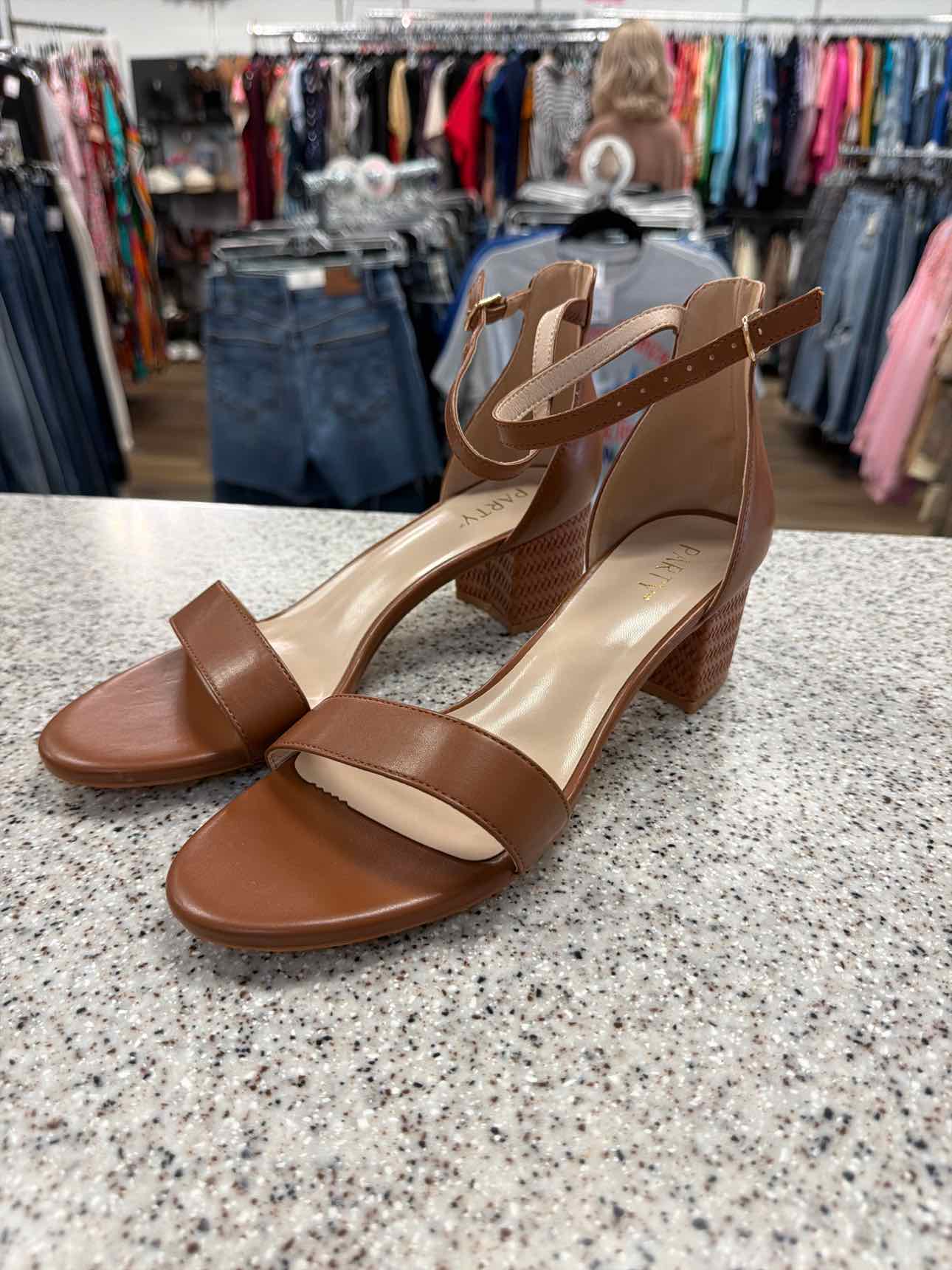 Party Size 9 NEW Faux Leather Ankle Strap Block Heel Brown Sandals