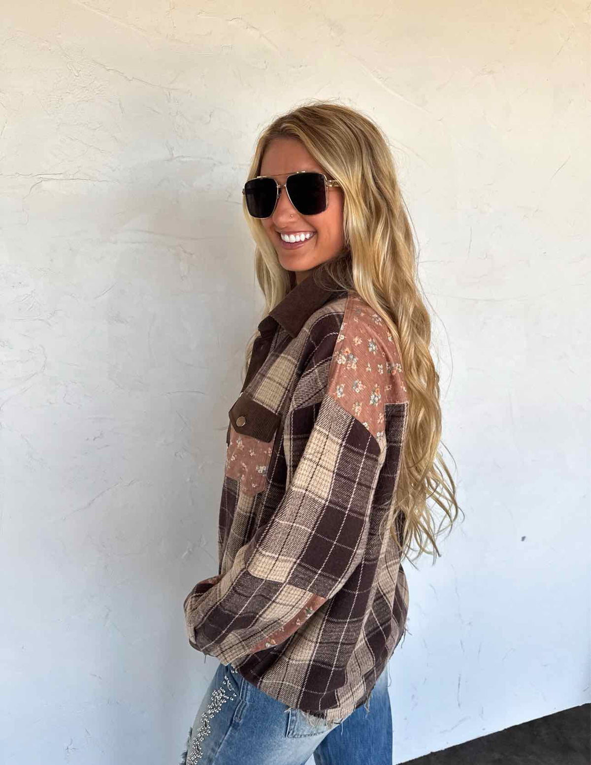 Scarlett Plaid and Floral Corduroy Patch Fall Shacket