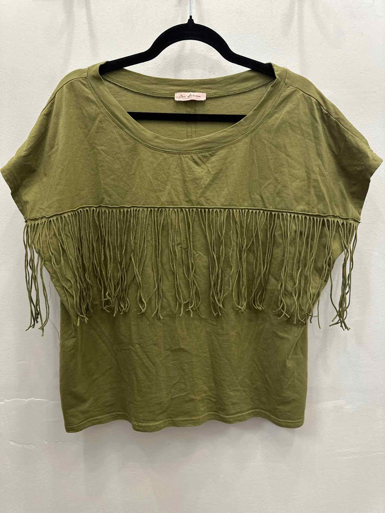 ces femme Size Large Knit Fringe Short Sleeve Olive Top