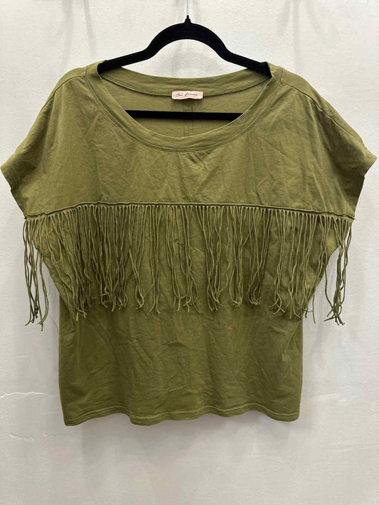 ces femme Size Large Knit Fringe Short Sleeve Olive Top