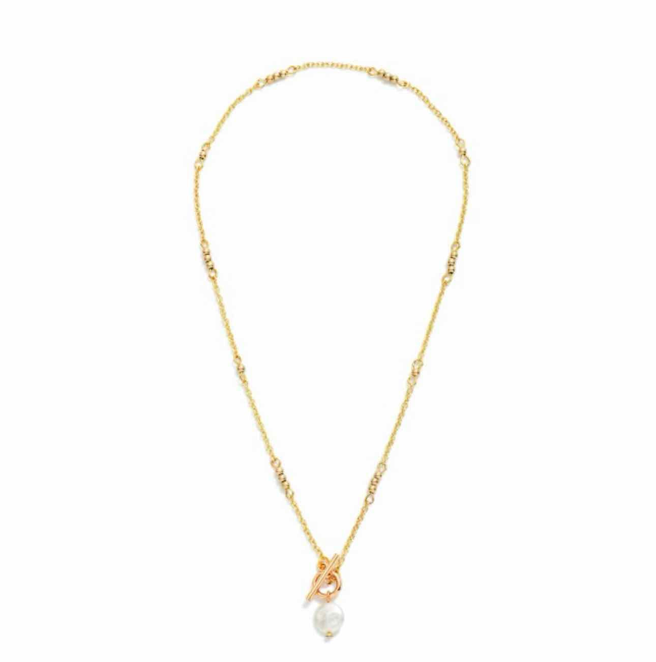 Chain Link Necklace Metal Tone Beaded Stations With Flat Pearl & Toggle Clasp