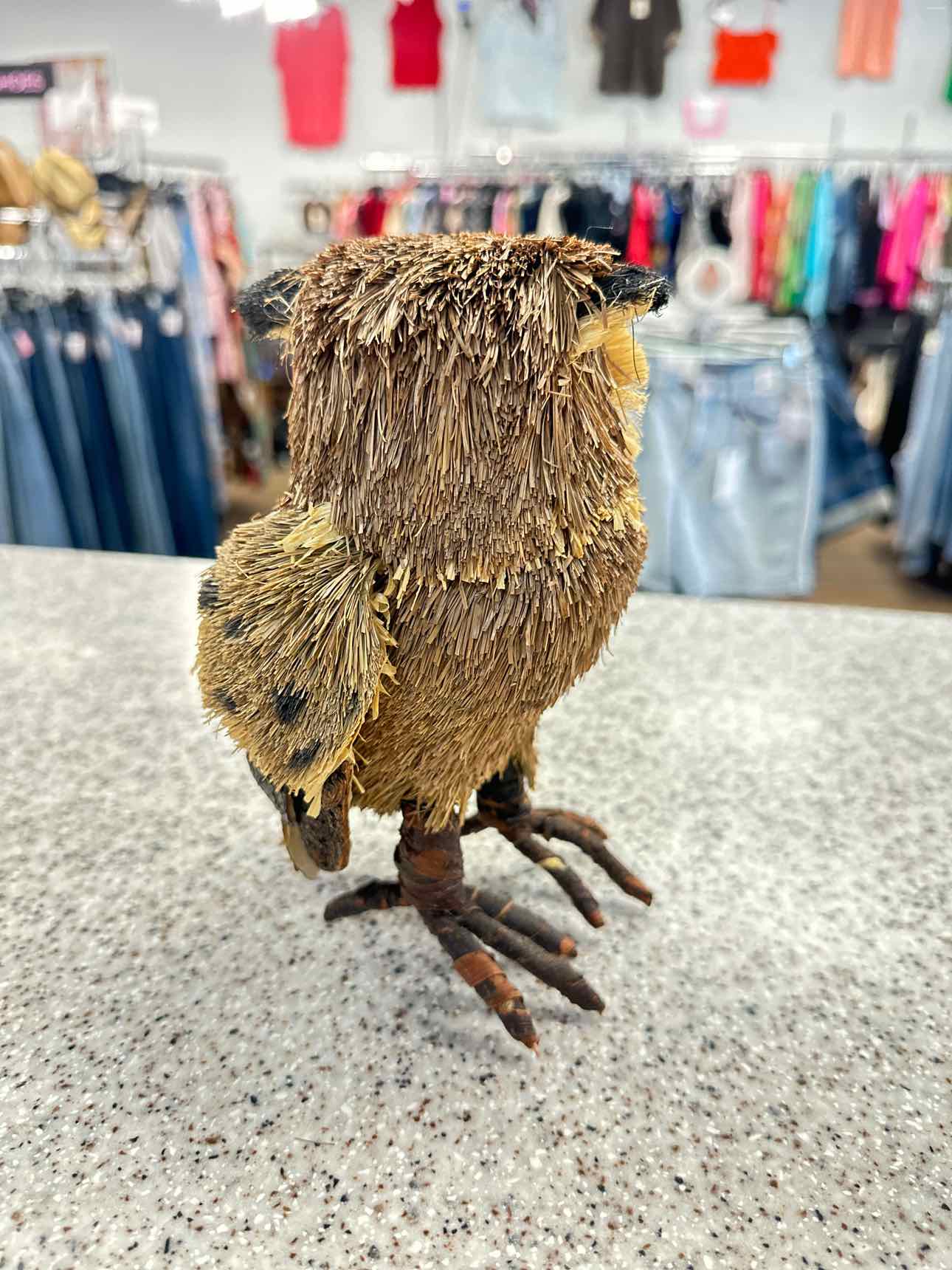 Rustic Owl Figure, made of natural Raffia, Straw, and Wood Home Decor