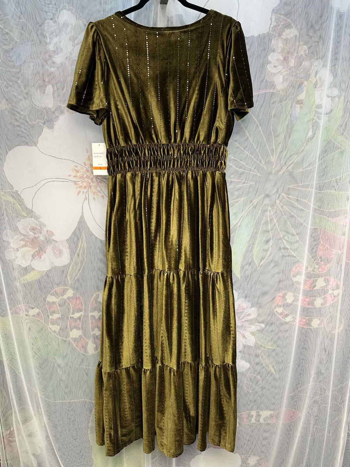 Taylor NWT NEW Velour Sequin Short Sleeve Maxi Size Small Olive Smock Dress