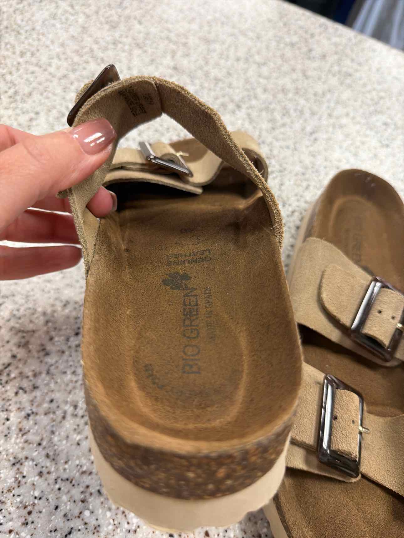 Bio Green Size 40 Suede Double Buckle Slide Cork Sandals Beige