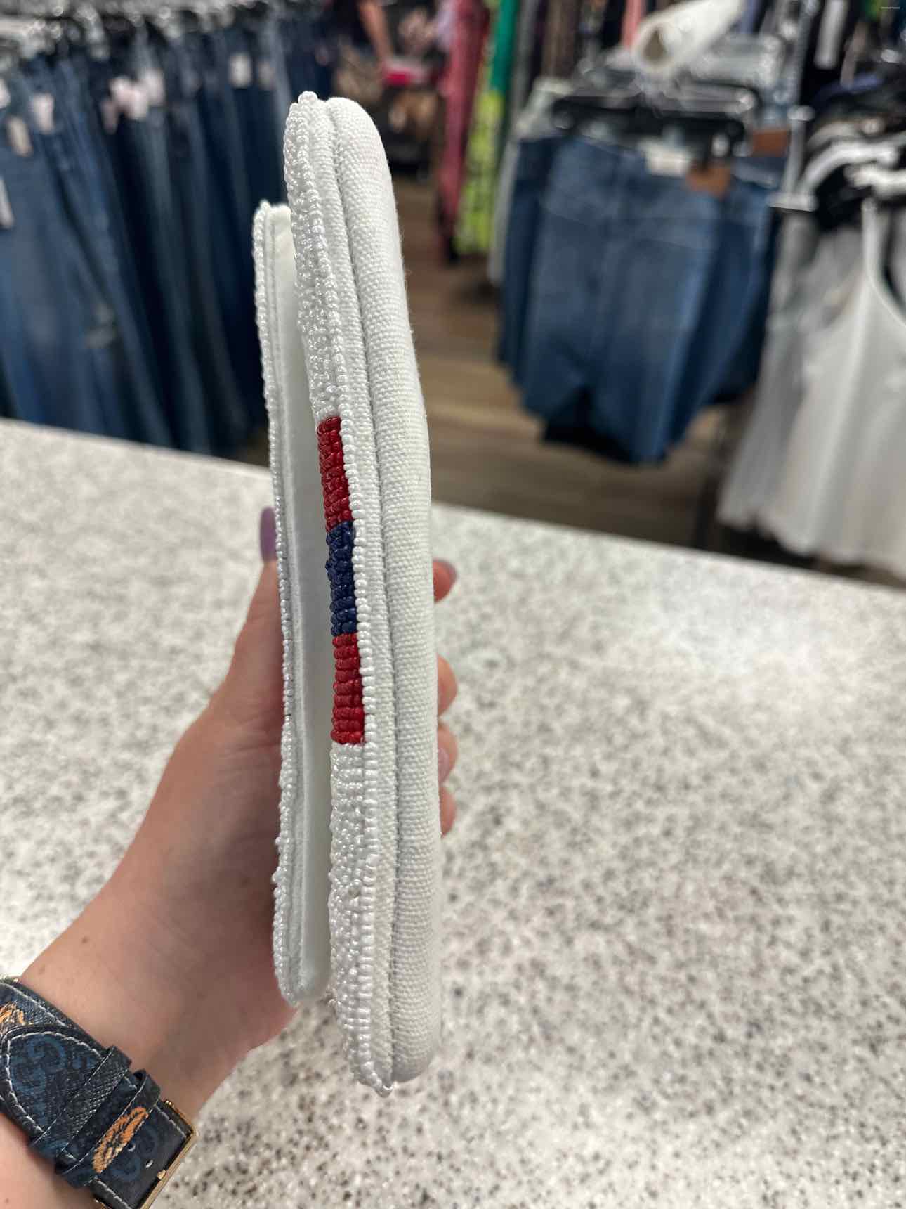 Seed Bead Clutch in White with Red and Blue Stripes