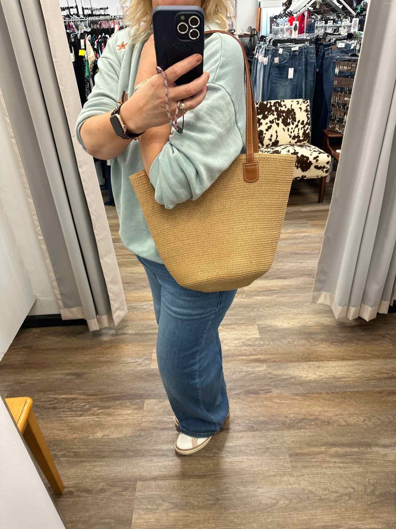Woven Straw Tote Bag With Fanned Stripes Detail