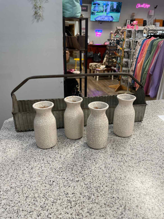 Rustic Metal Tote with 4 Crackle Bud Milk Jug Ceramic Bottles Home Decor