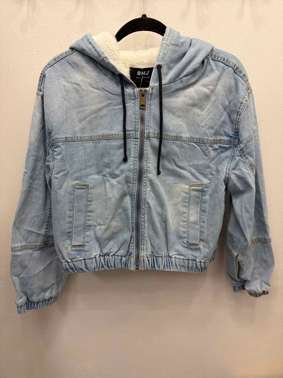 BHJ California Cropped Hooded Sherpa Lined Zip Up Denim Coat