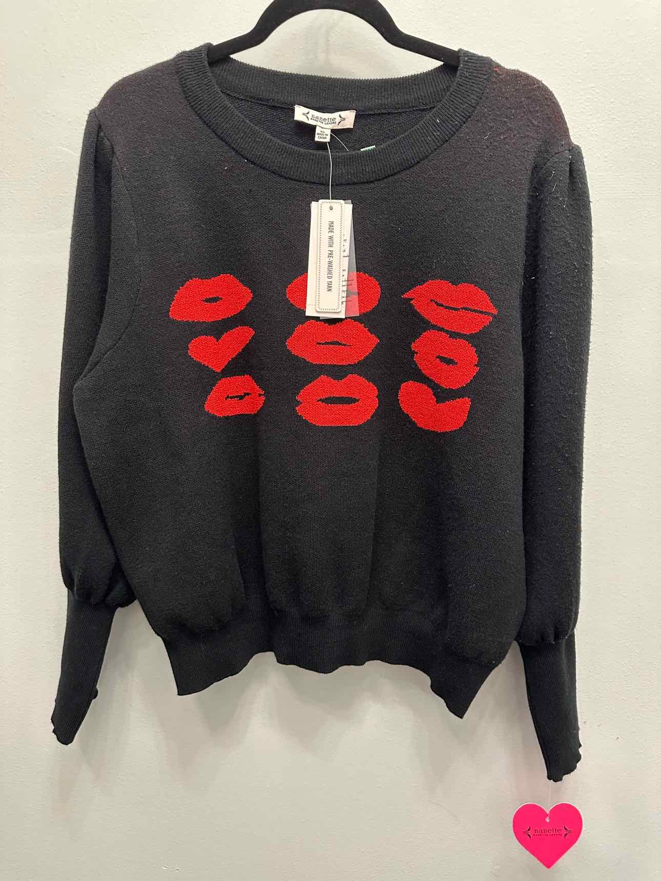 Nanette Lepore NEW NWT Lipstick Heart Design Crewneck Size XL Black Sweater
