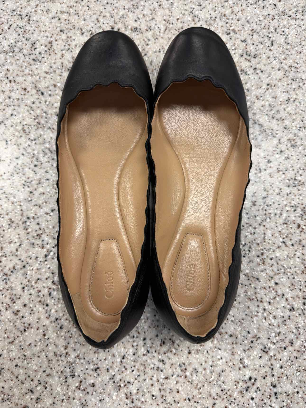 Chloe Size 37 1/2 Lauren Scalloped Leather Ballet Flats Black Shoes