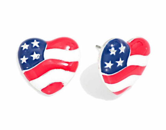 Americana Flag Heart Patriotic Post Drop Enamel Earrings