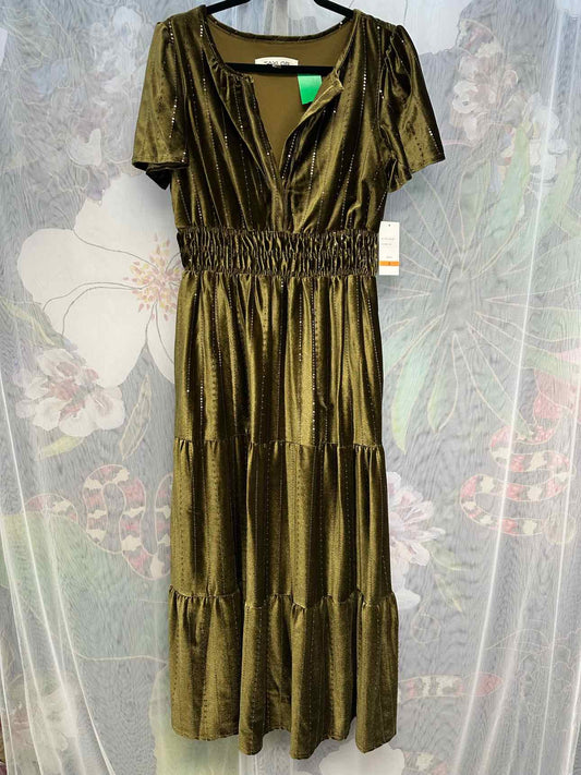 Taylor NWT NEW Velour Sequin Short Sleeve Maxi Size Small Olive Smock Dress