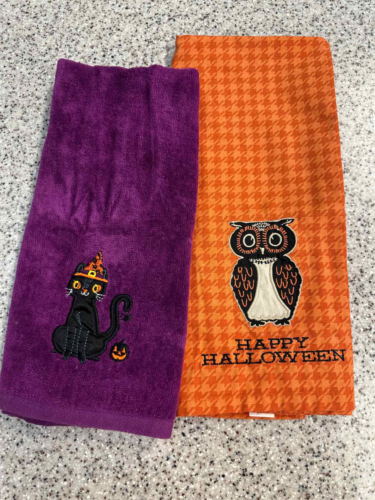 Two Halloween Kitchen Towels (black cat and owl) Home Decor