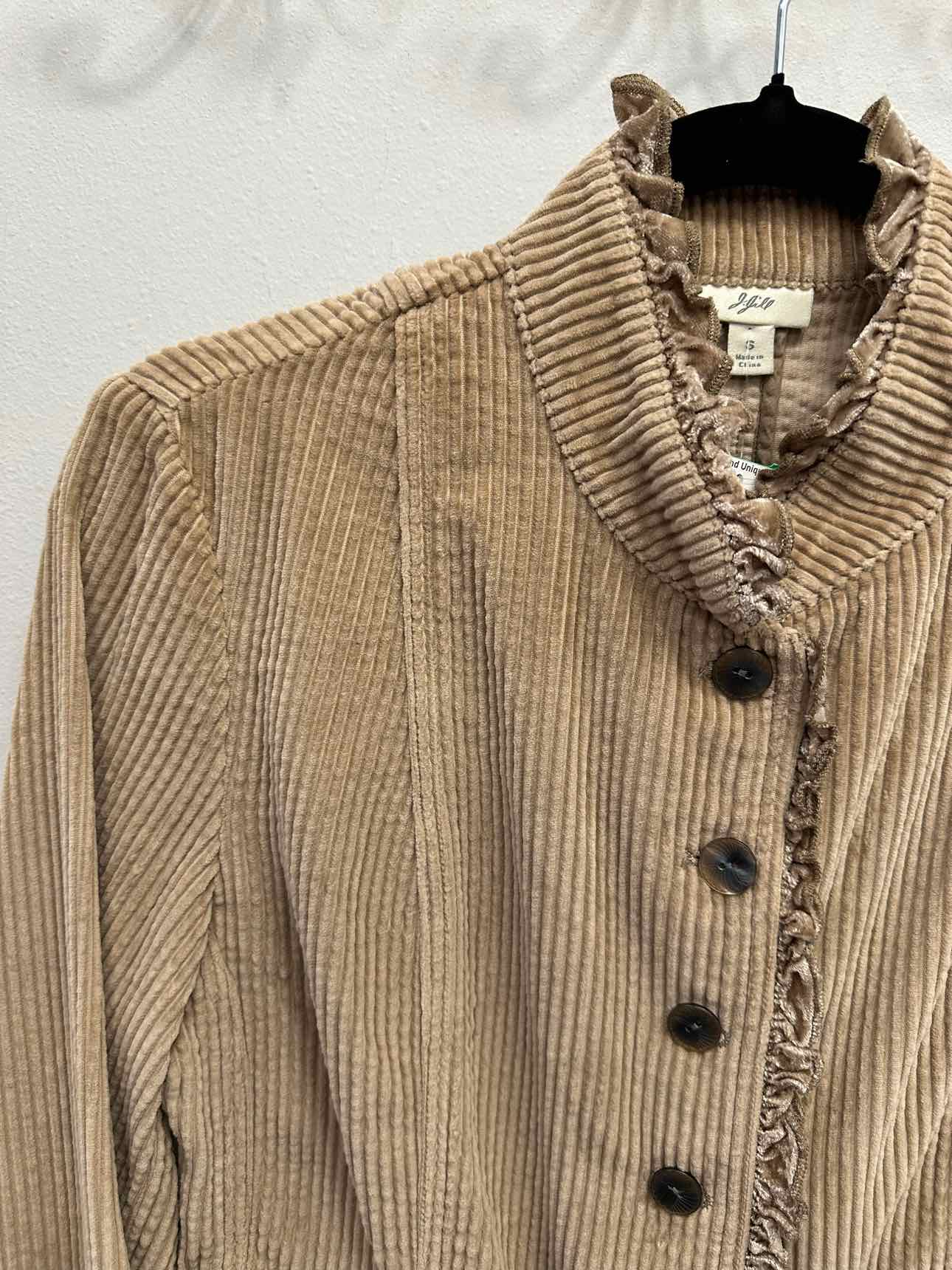 J Jill Corduroy Button Down Long Sleeve Ruffle Trim Size Small Tan Jacket