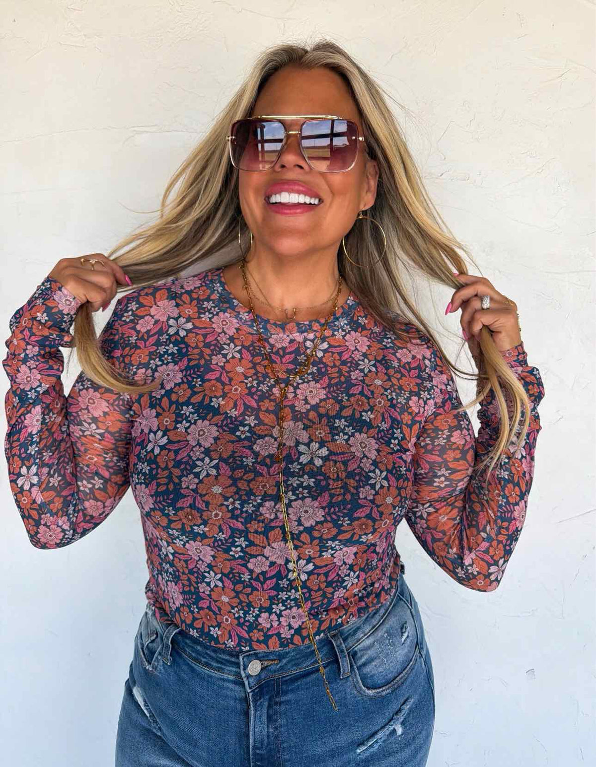 Fall Flower Dress It Up Mesh Long Sleeve Top